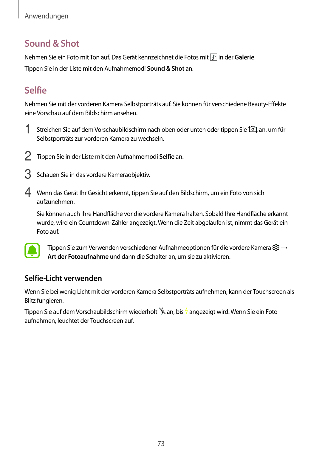 Samsung SM-G390FZKADBT manual Sound & Shot, Selfie-Licht verwenden 