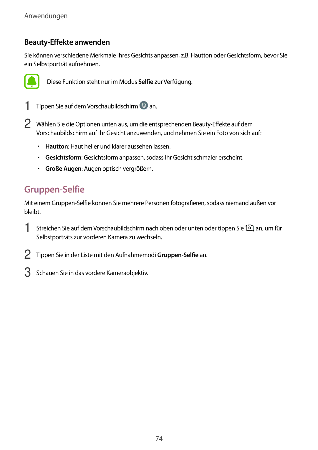 Samsung SM-G390FZKADBT manual Gruppen-Selfie, Beauty-Effekte anwenden 