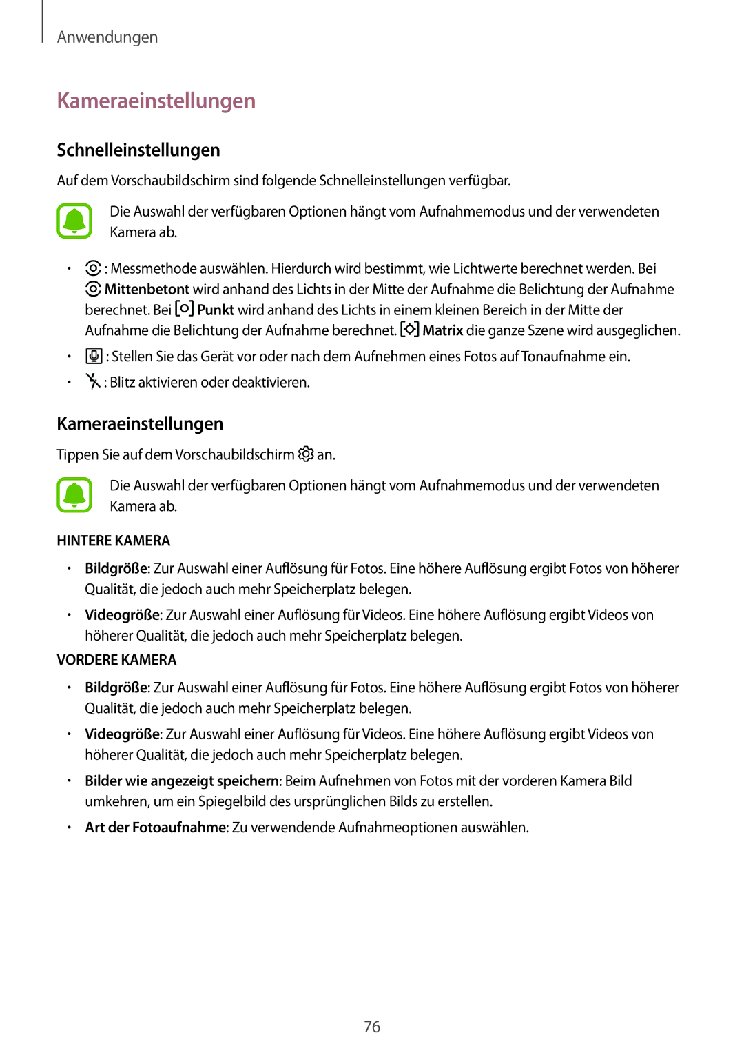 Samsung SM-G390FZKADBT manual Kameraeinstellungen, Schnelleinstellungen 