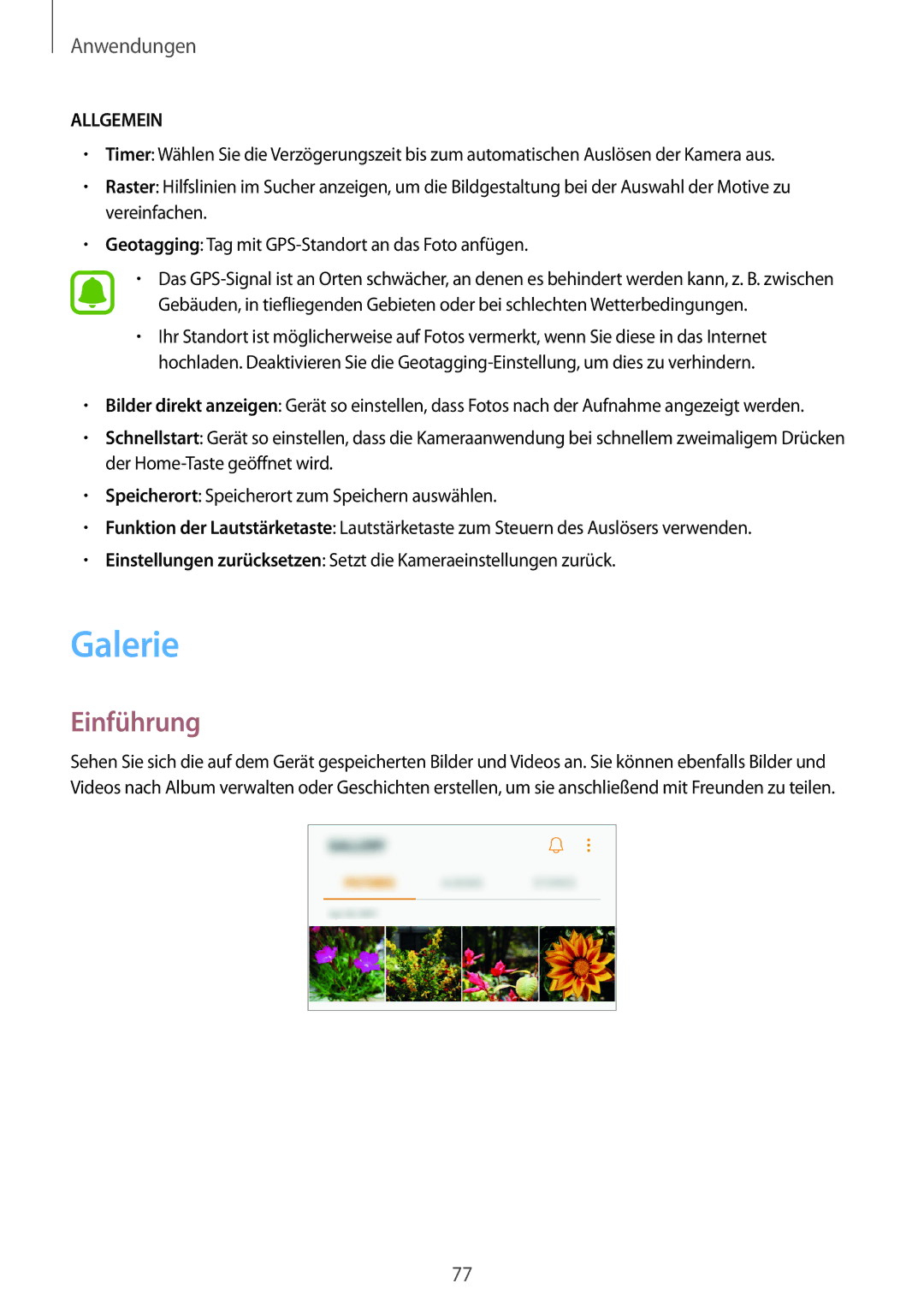 Samsung SM-G390FZKADBT manual Galerie, Allgemein 