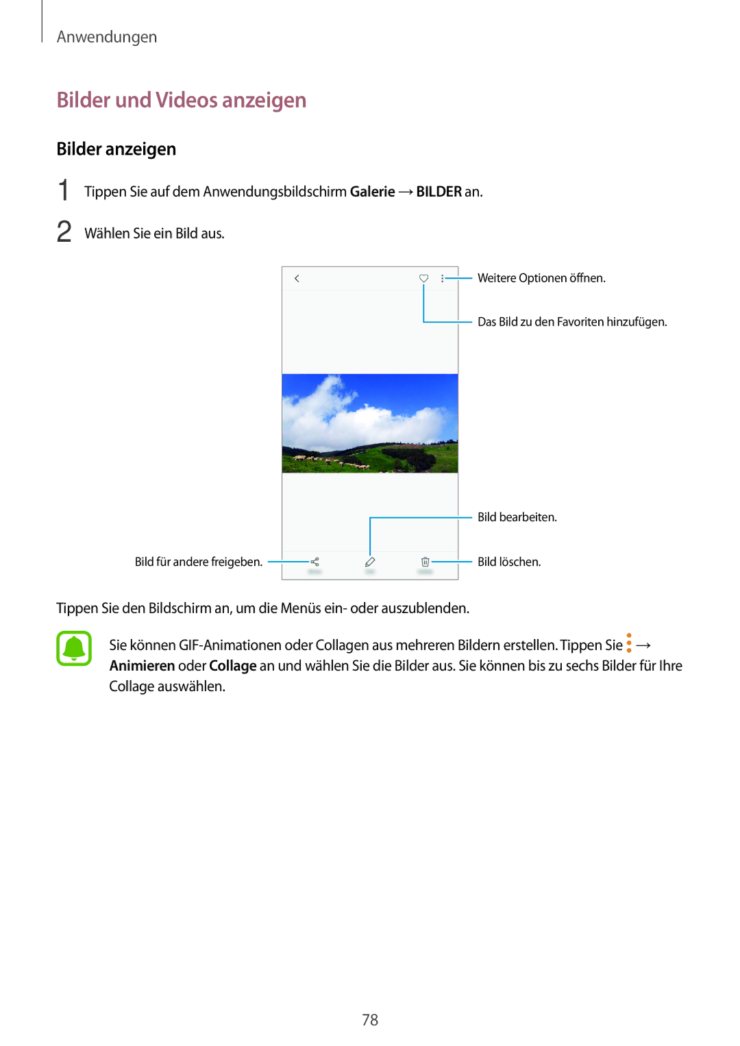 Samsung SM-G390FZKADBT manual Bilder und Videos anzeigen, Bilder anzeigen 