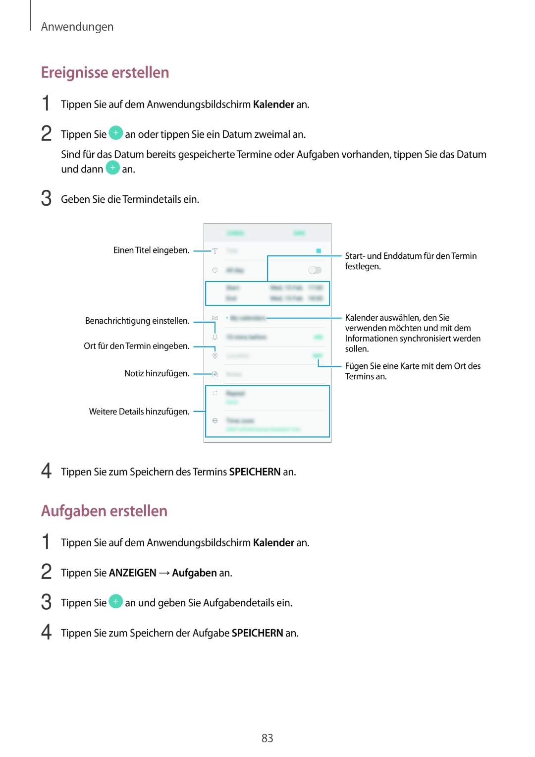 Samsung SM-G390FZKADBT manual Ereignisse erstellen, Aufgaben erstellen 