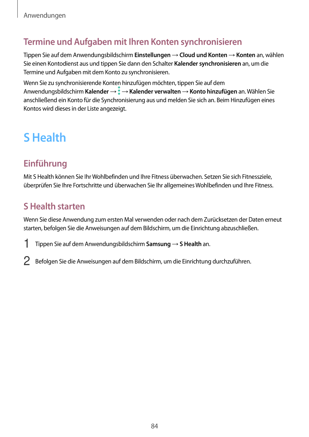 Samsung SM-G390FZKADBT manual Termine und Aufgaben mit Ihren Konten synchronisieren, Health starten 