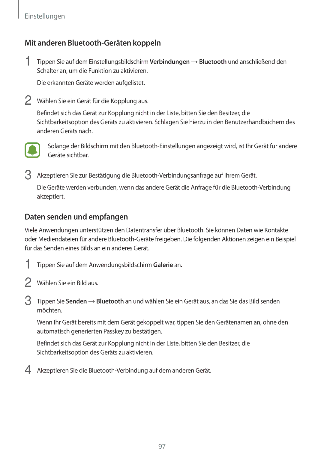 Samsung SM-G390FZKADBT manual Mit anderen Bluetooth-Geräten koppeln, Daten senden und empfangen 