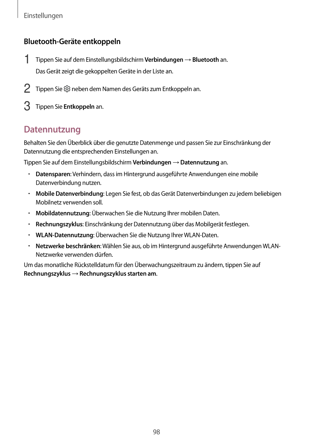 Samsung SM-G390FZKADBT manual Datennutzung, Bluetooth-Geräte entkoppeln 