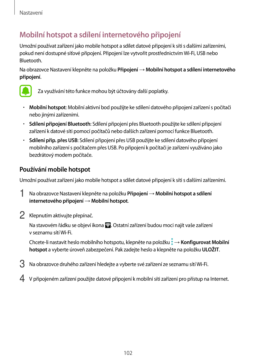 Samsung SM-G390FZKAETL manual Mobilní hotspot a sdílení internetového připojení, Používání mobile hotspot 