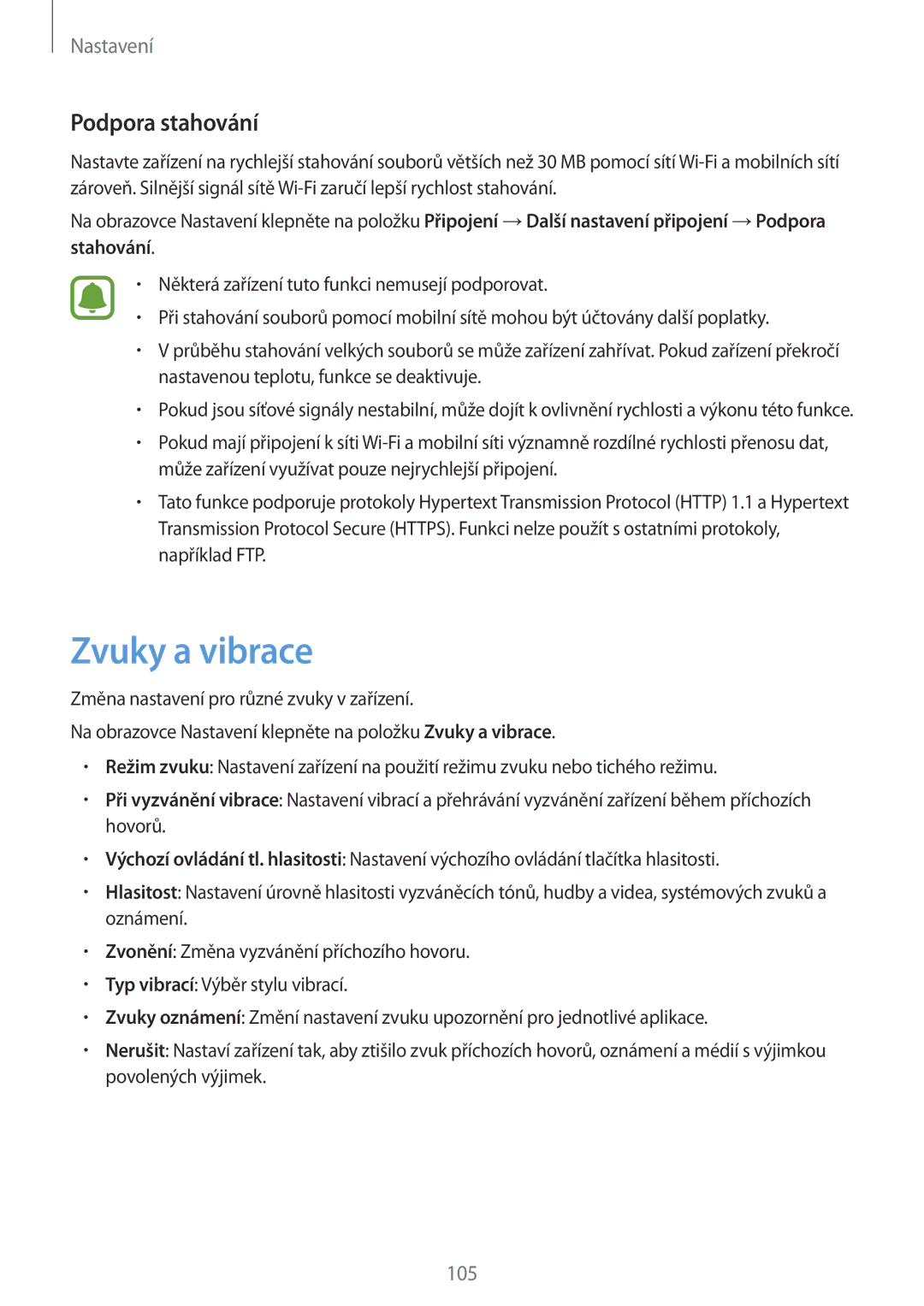 Samsung SM-G390FZKAETL manual Zvuky a vibrace, Podpora stahování 