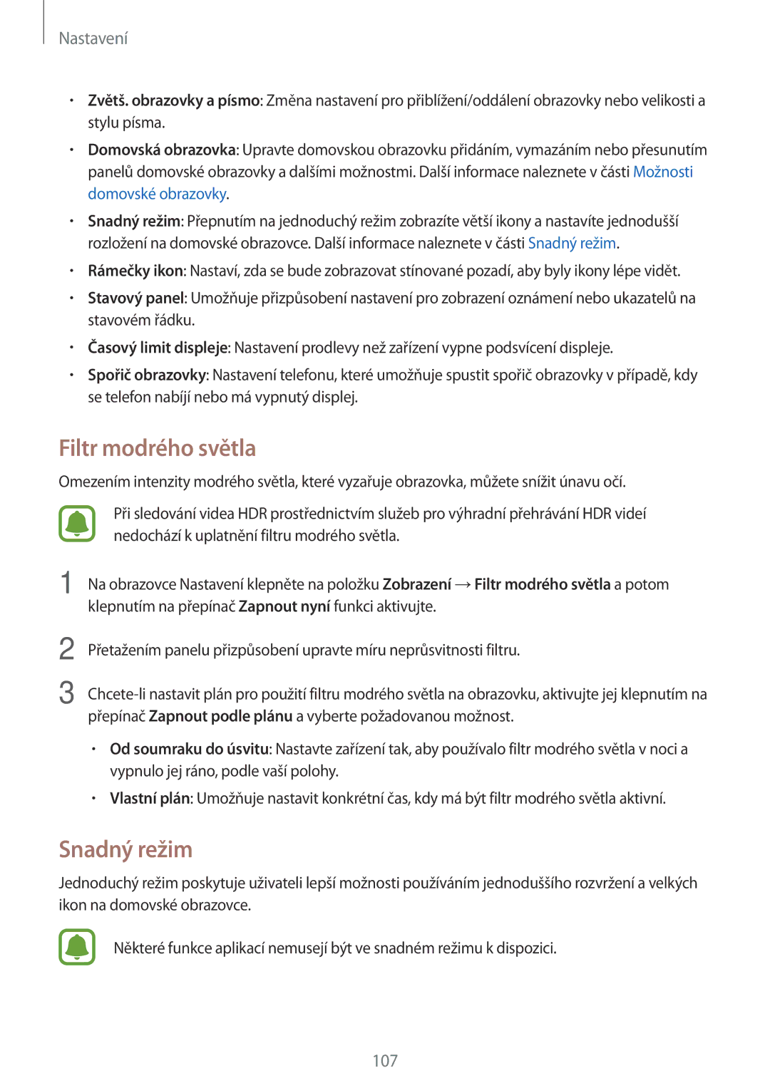 Samsung SM-G390FZKAETL manual Filtr modrého světla, Snadný režim 