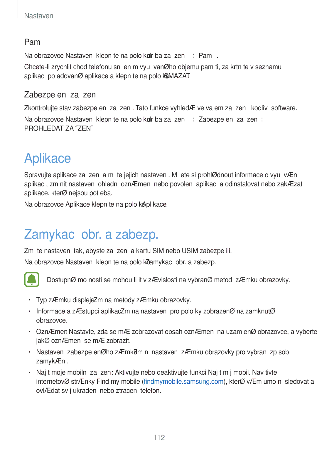 Samsung SM-G390FZKAETL manual Aplikace, Zamykací obr. a zabezp, Paměť, Zabezpečení zařízení 