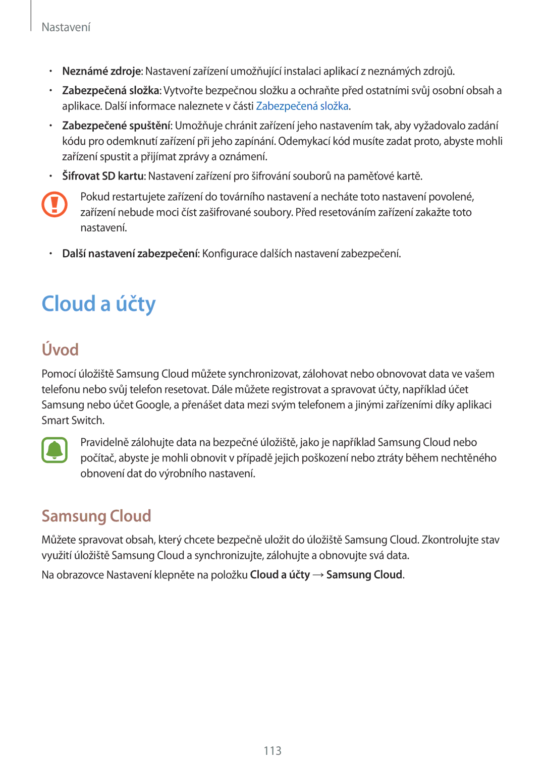 Samsung SM-G390FZKAETL manual Cloud a účty, Samsung Cloud 