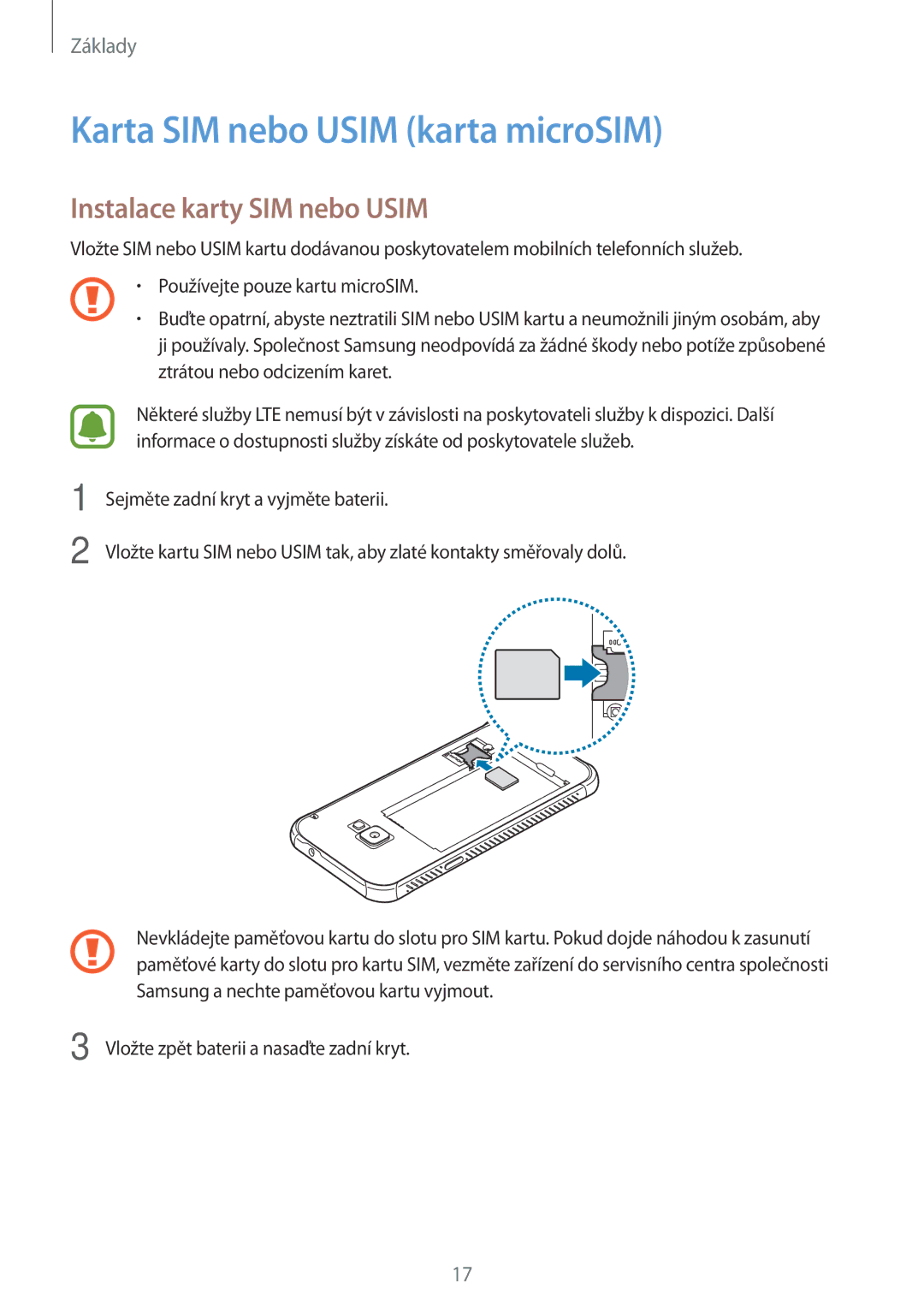 Samsung SM-G390FZKAETL manual Karta SIM nebo Usim karta microSIM, Instalace karty SIM nebo Usim 