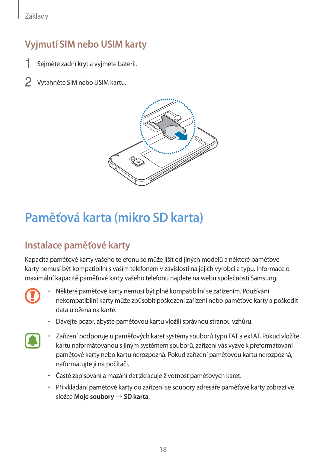 Samsung SM-G390FZKAETL manual Paměťová karta mikro SD karta, Vyjmutí SIM nebo Usim karty, Instalace paměťové karty 