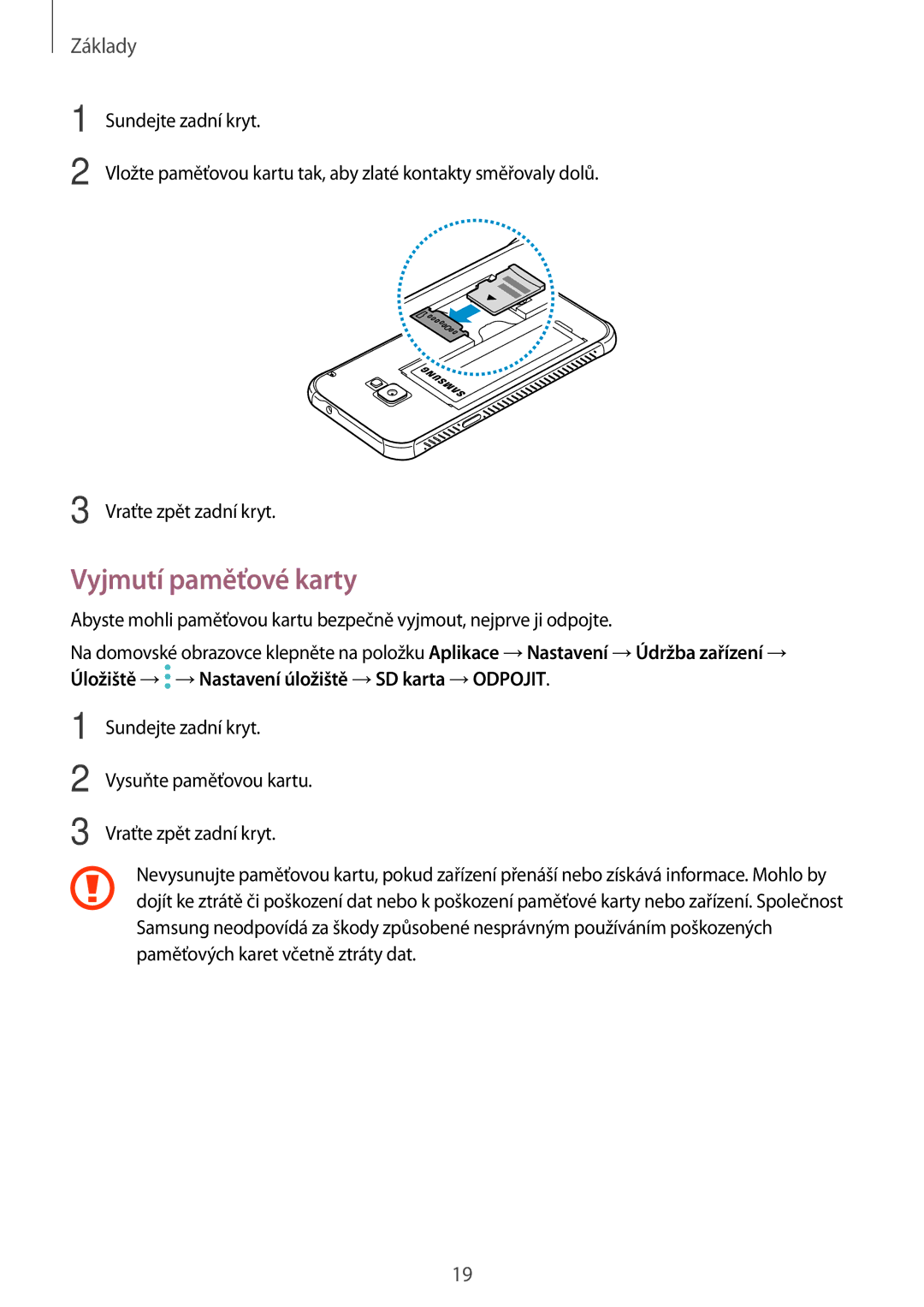 Samsung SM-G390FZKAETL manual Vyjmutí paměťové karty 