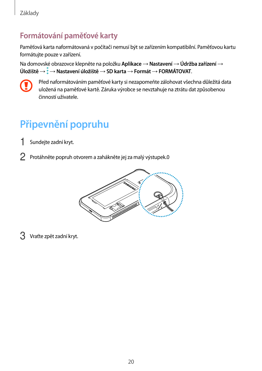 Samsung SM-G390FZKAETL manual Připevnění popruhu, Formátování paměťové karty 