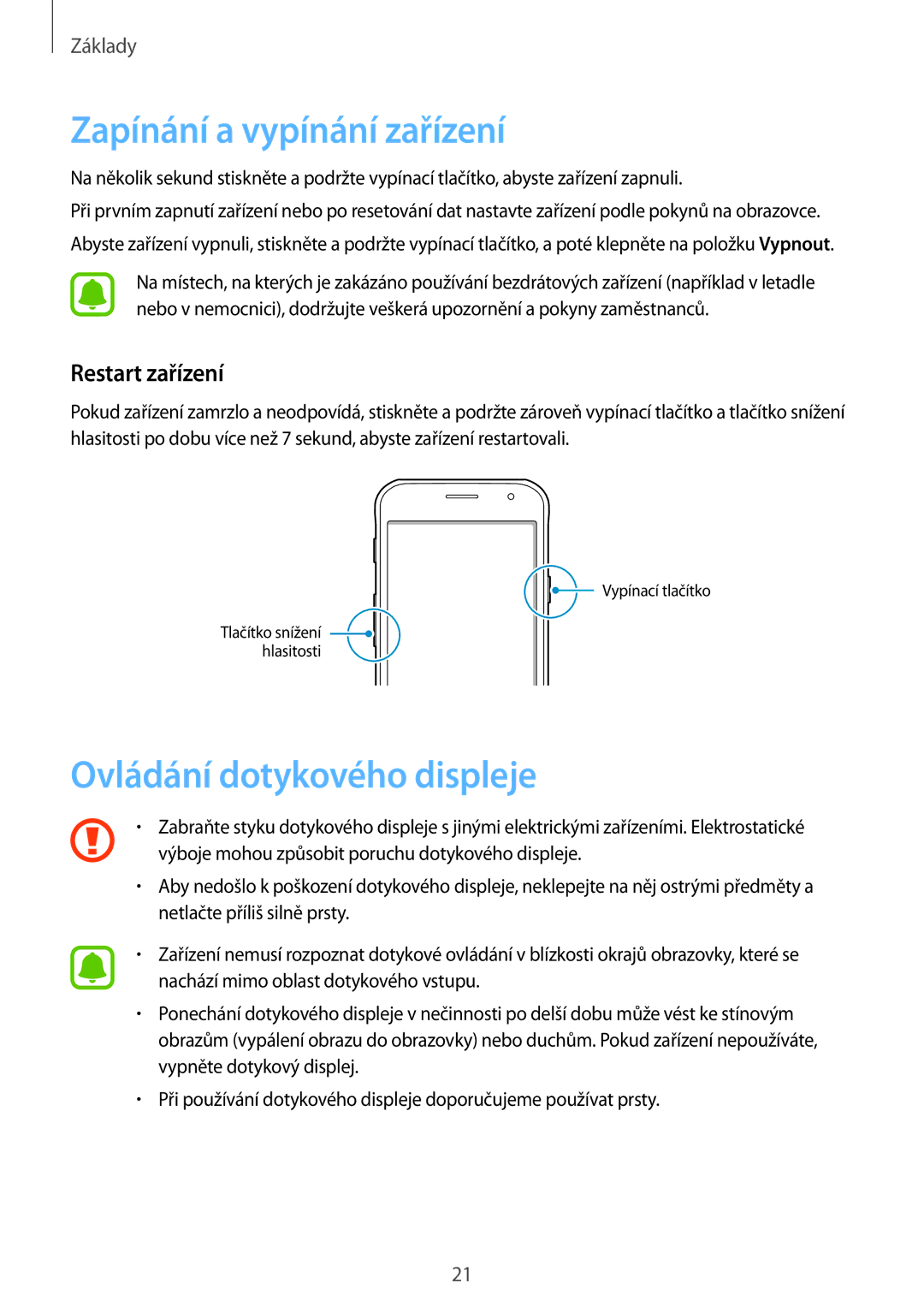 Samsung SM-G390FZKAETL manual Zapínání a vypínání zařízení, Ovládání dotykového displeje, Restart zařízení 