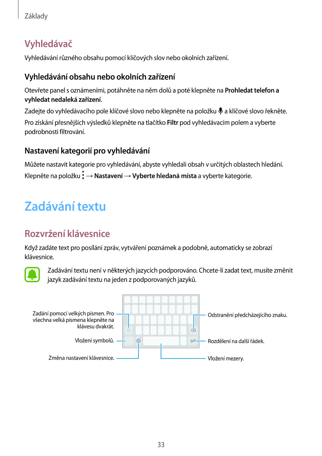 Samsung SM-G390FZKAETL manual Zadávání textu, Vyhledávač, Rozvržení klávesnice, Vyhledávání obsahu nebo okolních zařízení 