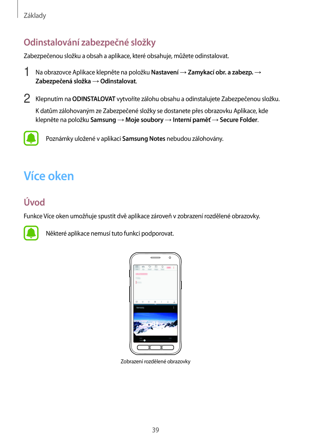 Samsung SM-G390FZKAETL manual Více oken, Odinstalování zabezpečné složky 