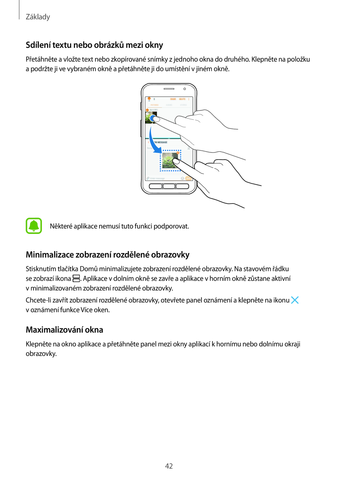 Samsung SM-G390FZKAETL manual Sdílení textu nebo obrázků mezi okny, Minimalizace zobrazení rozdělené obrazovky 