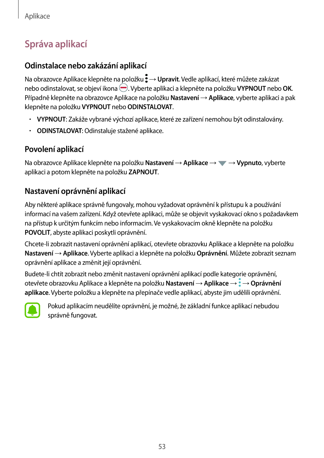 Samsung SM-G390FZKAETL manual Správa aplikací, Odinstalace nebo zakázání aplikací, Povolení aplikací 