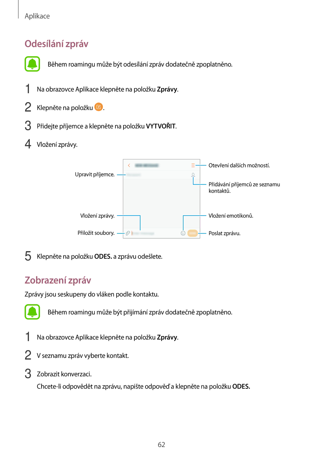 Samsung SM-G390FZKAETL manual Odesílání zpráv, Zobrazení zpráv 