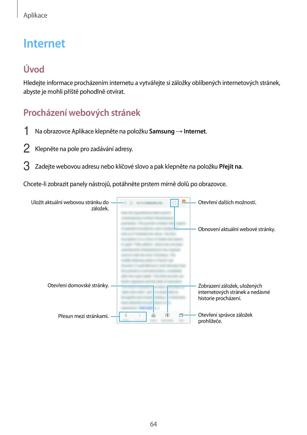 Samsung SM-G390FZKAETL manual Internet, Procházení webových stránek 