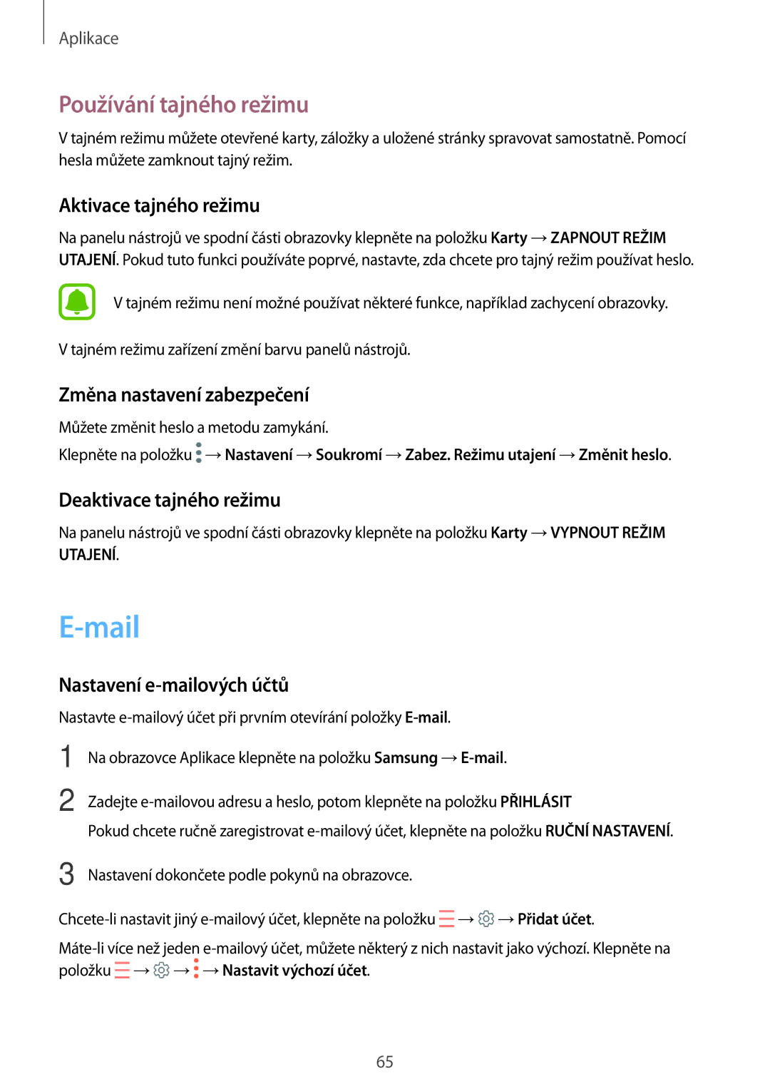 Samsung SM-G390FZKAETL manual Mail, Používání tajného režimu 