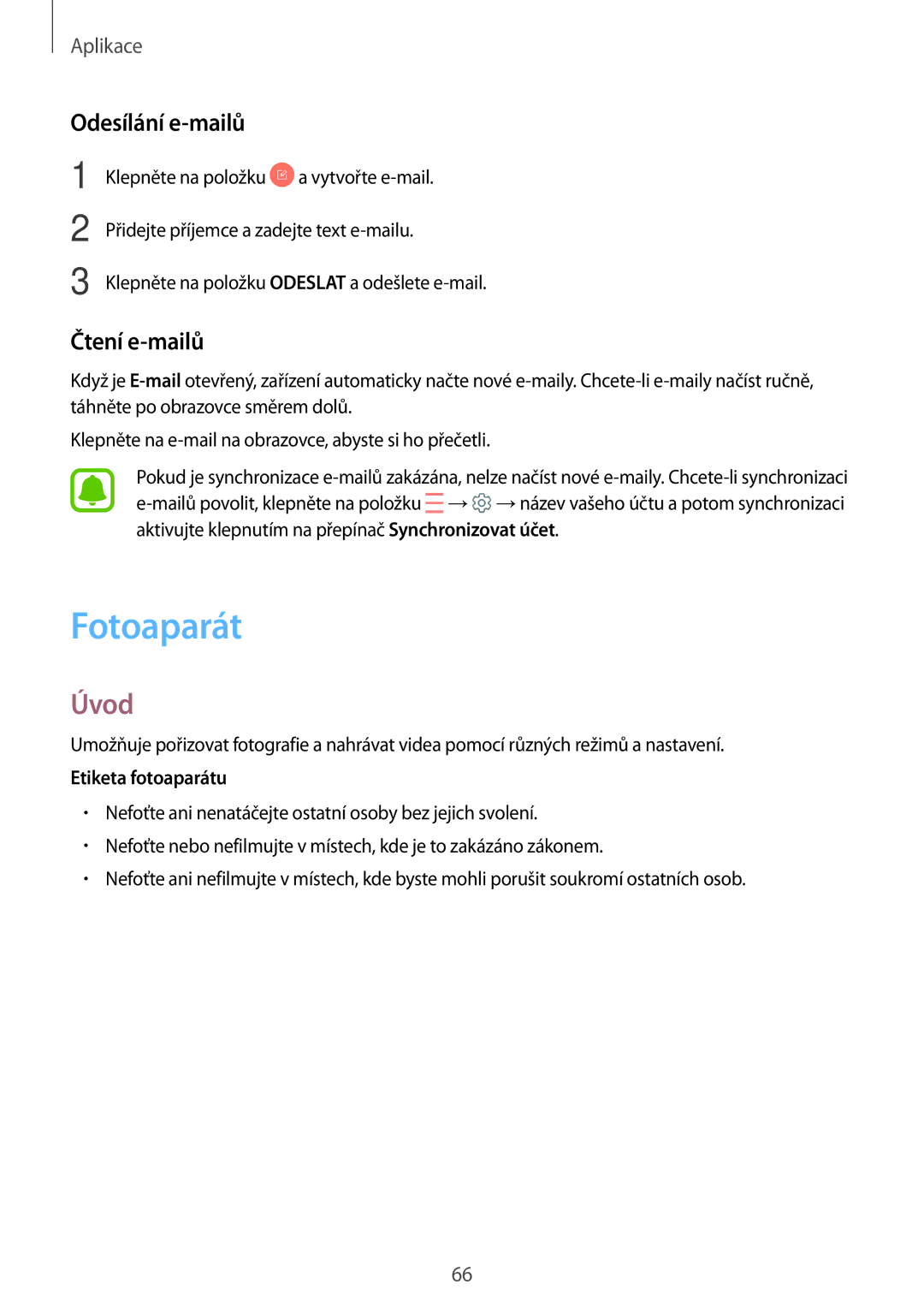 Samsung SM-G390FZKAETL manual Fotoaparát, Odesílání e-mailů, Čtení e-mailů 