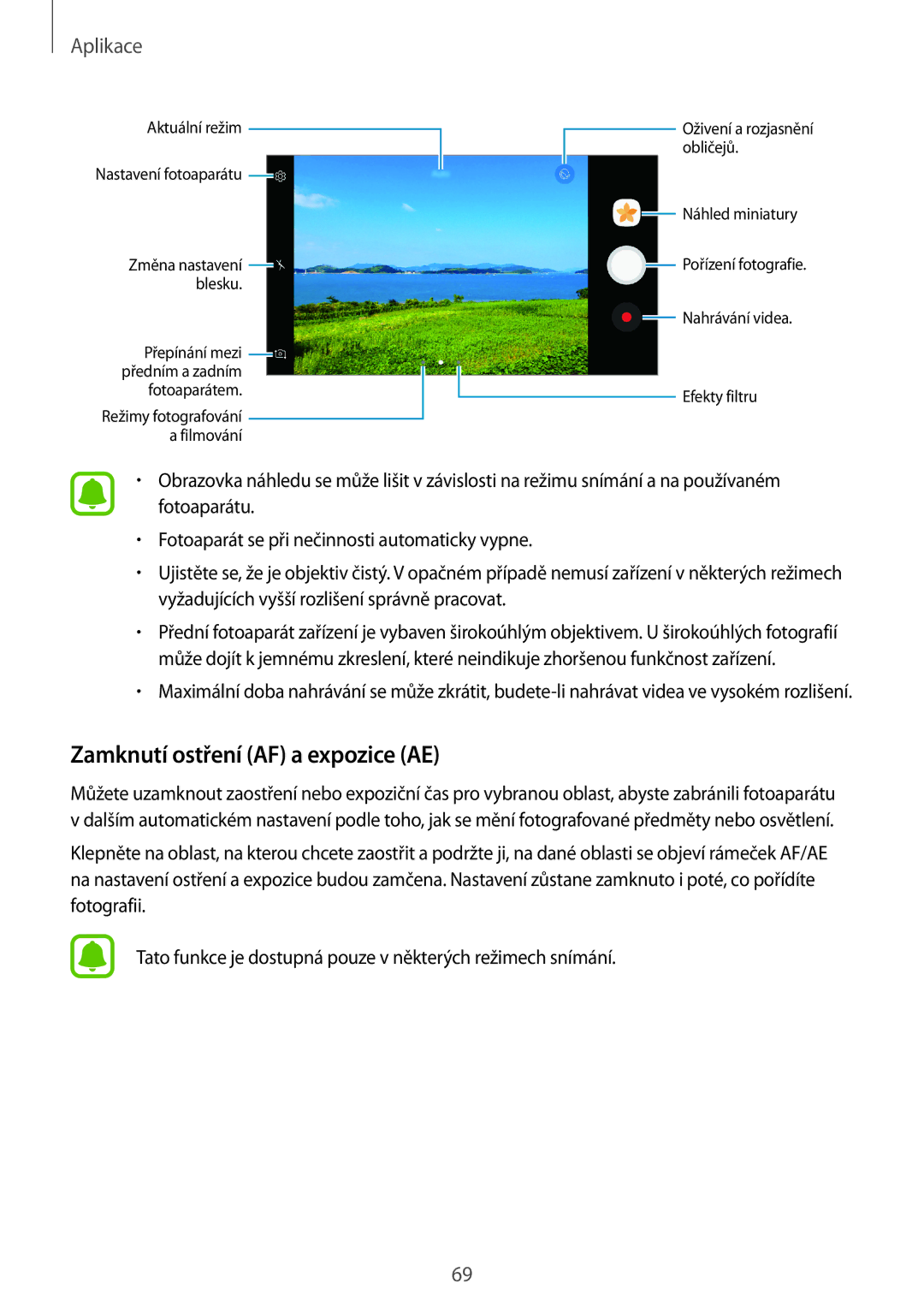 Samsung SM-G390FZKAETL manual Zamknutí ostření AF a expozice AE 