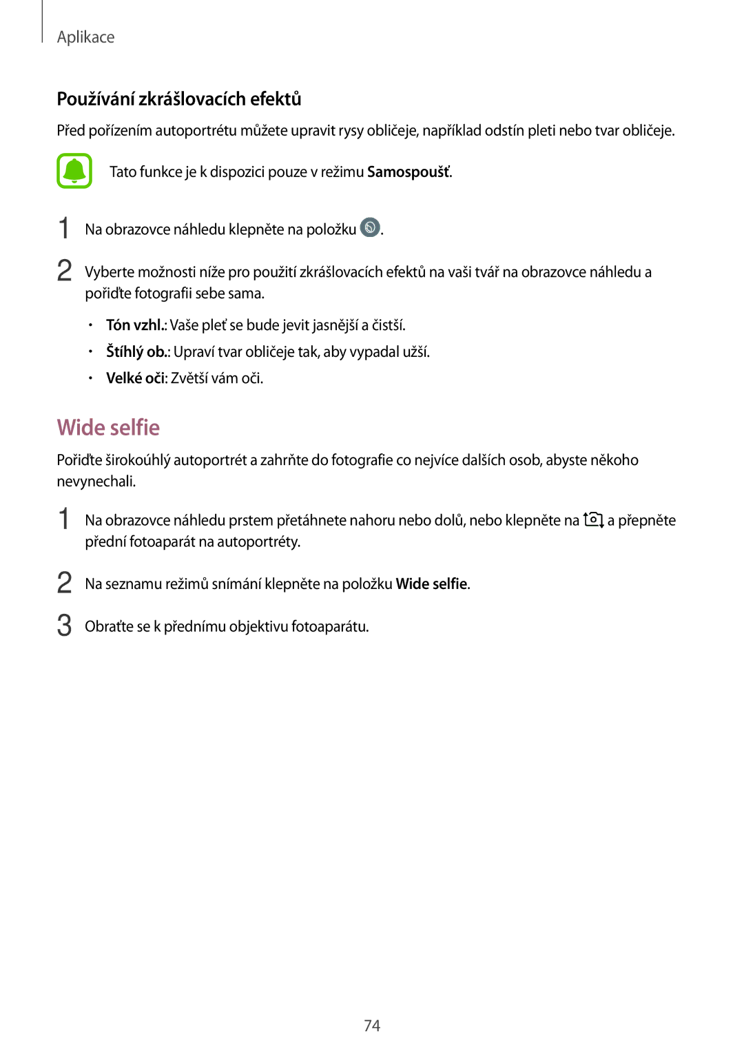 Samsung SM-G390FZKAETL manual Wide selfie, Používání zkrášlovacích efektů 