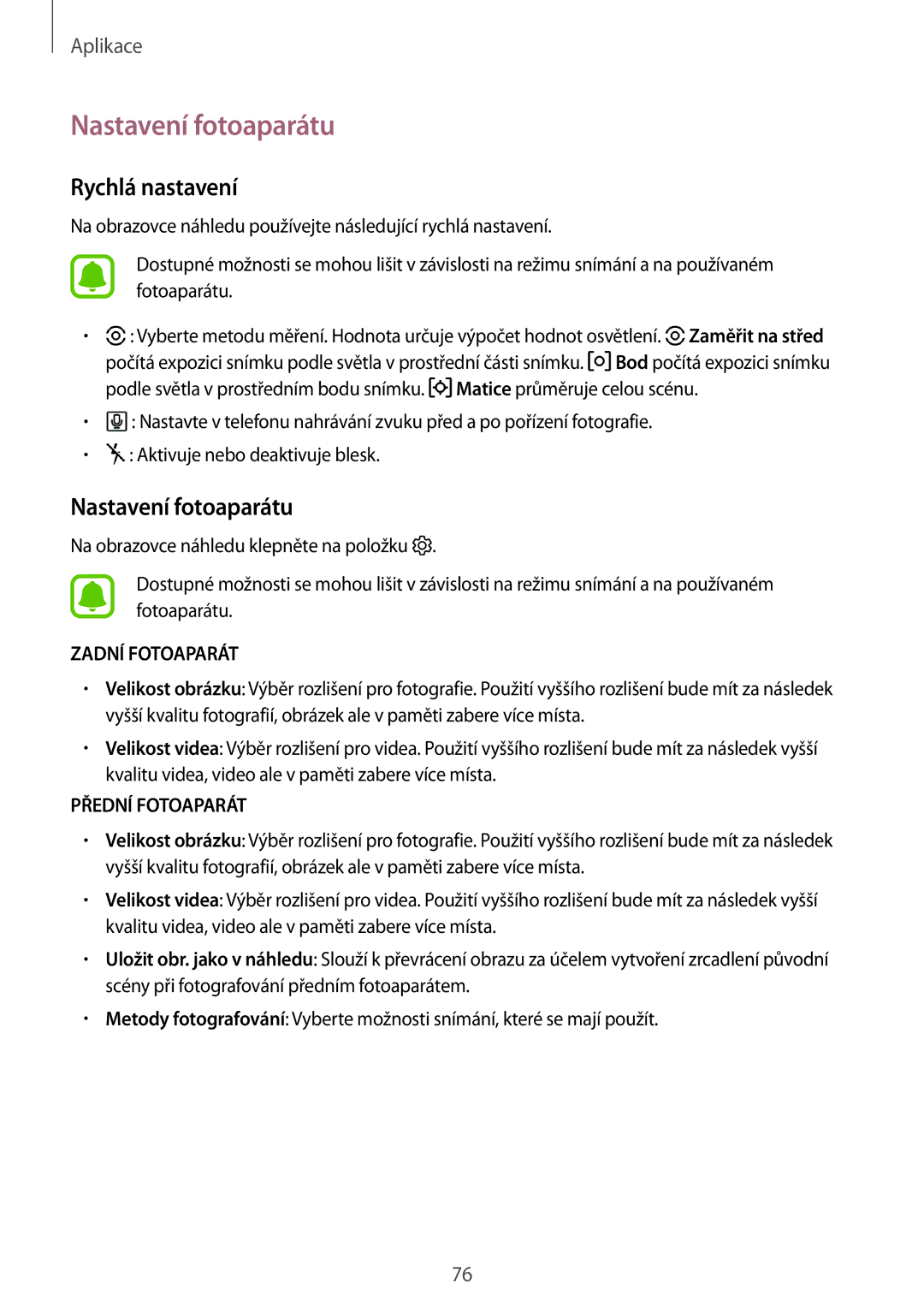 Samsung SM-G390FZKAETL manual Nastavení fotoaparátu, Rychlá nastavení 