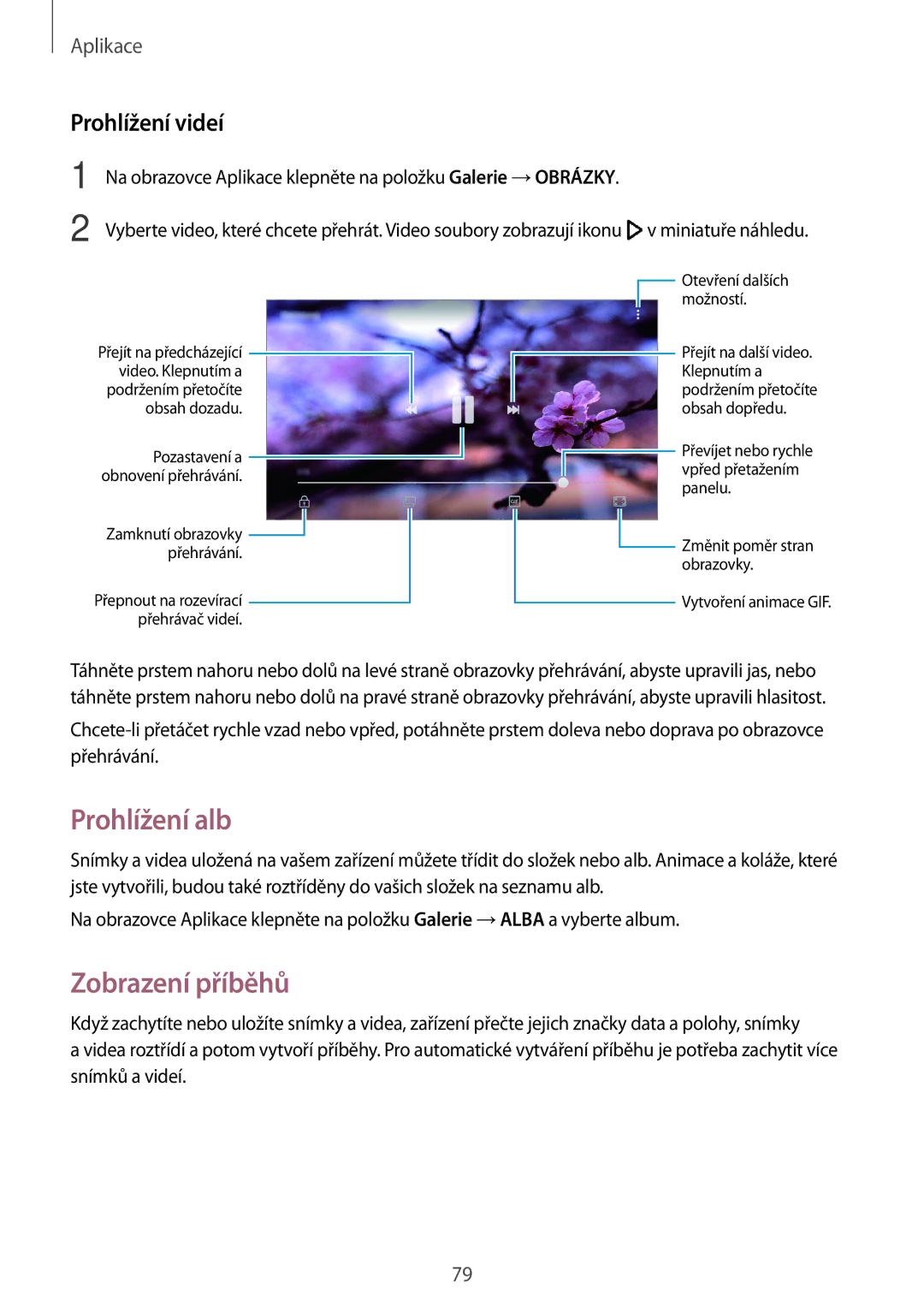 Samsung SM-G390FZKAETL manual Prohlížení alb, Zobrazení příběhů, Prohlížení videí 