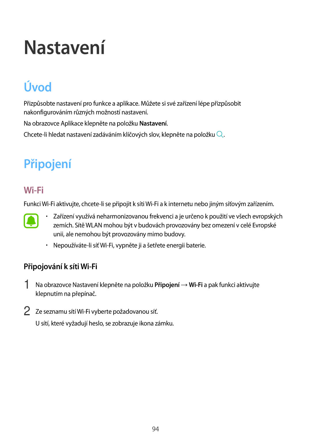 Samsung SM-G390FZKAETL manual Úvod, Připojení, Připojování k síti Wi-Fi 