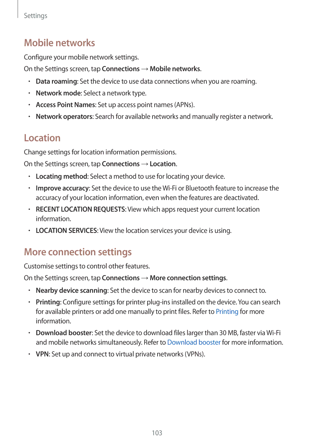 Samsung SM-G390FZKAILO manual Mobile networks, Location, More connection settings 