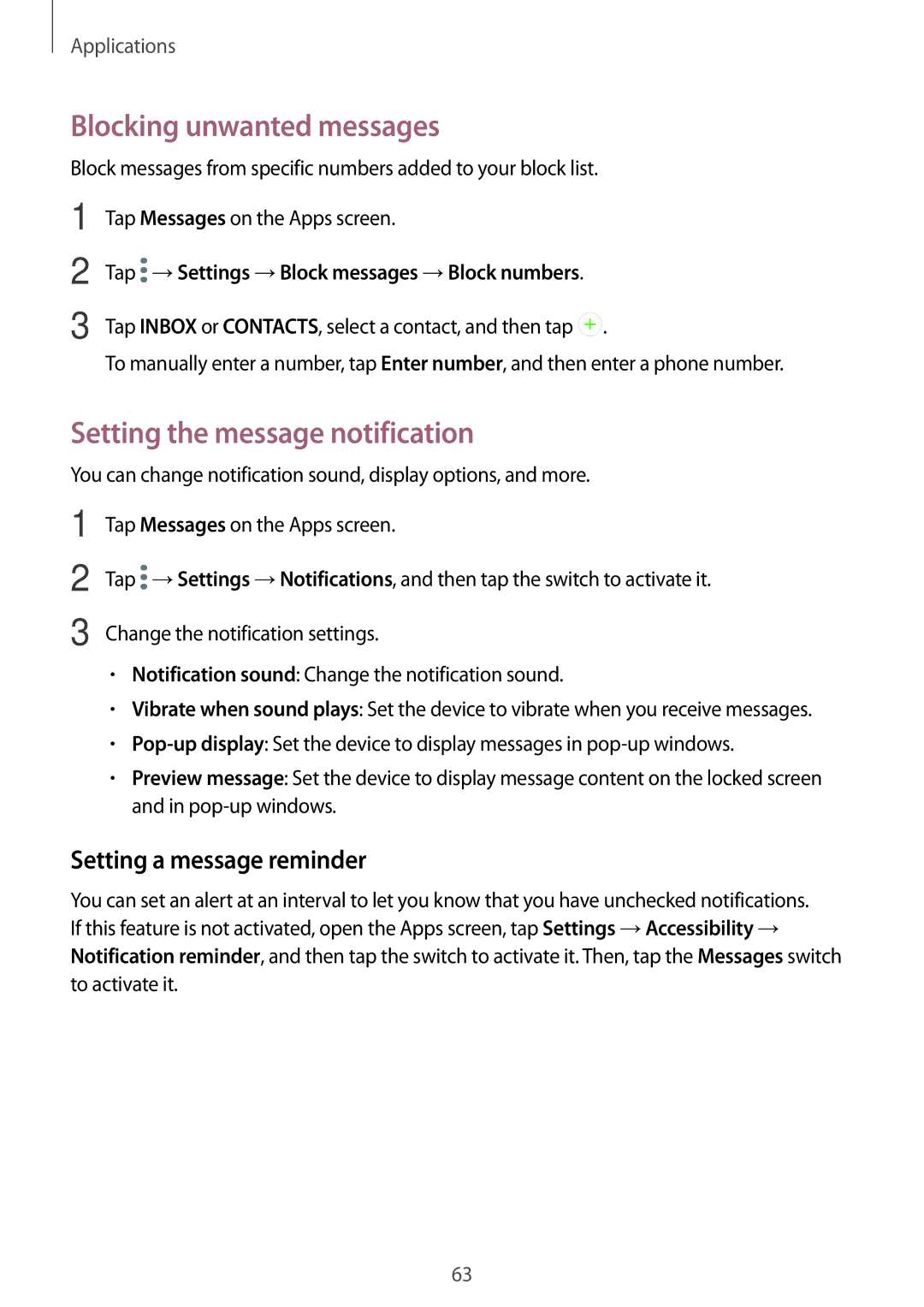 Samsung SM-G390FZKAILO manual Blocking unwanted messages, Setting the message notification, Setting a message reminder 