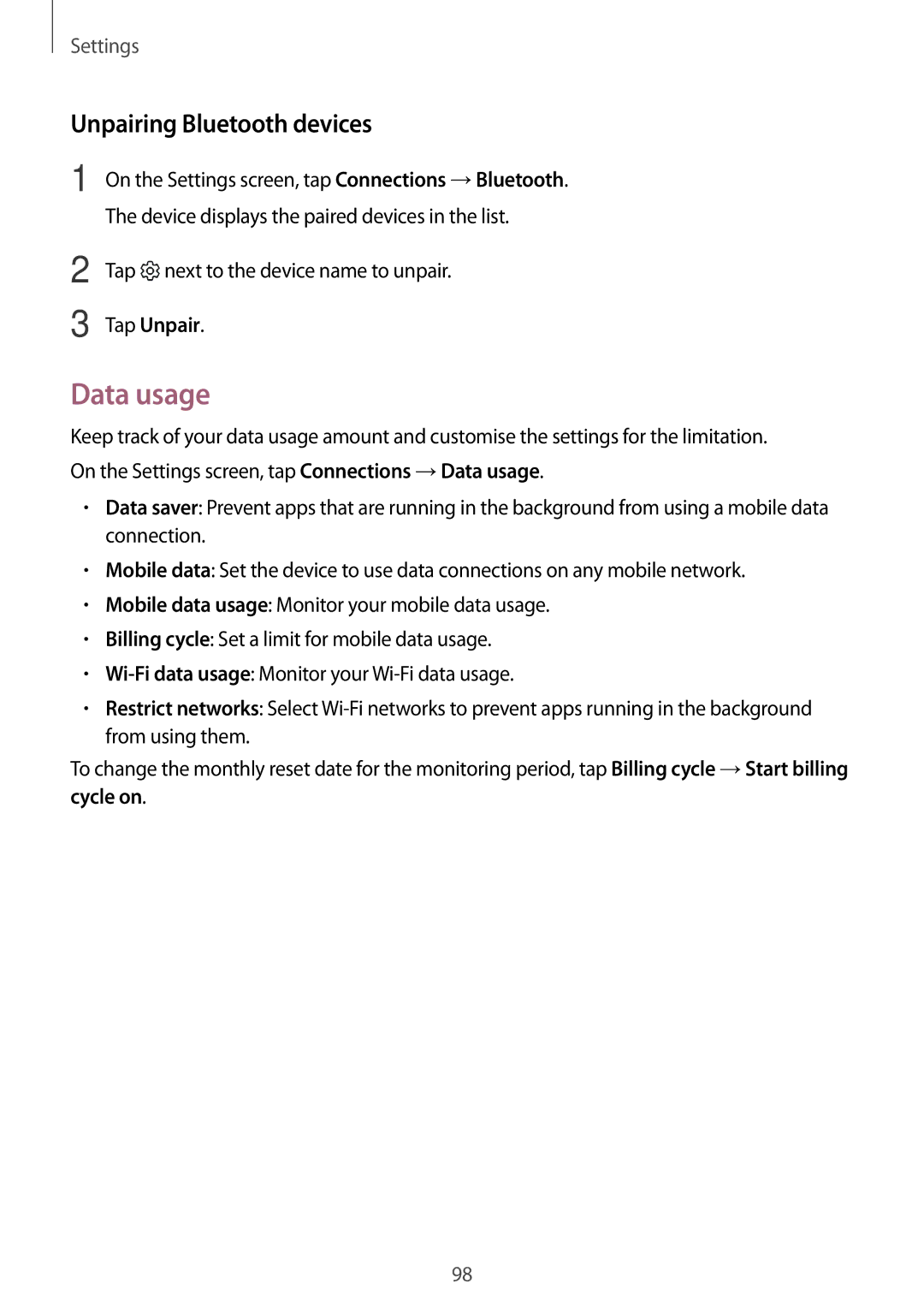 Samsung SM-G390FZKAILO manual Data usage, Unpairing Bluetooth devices 