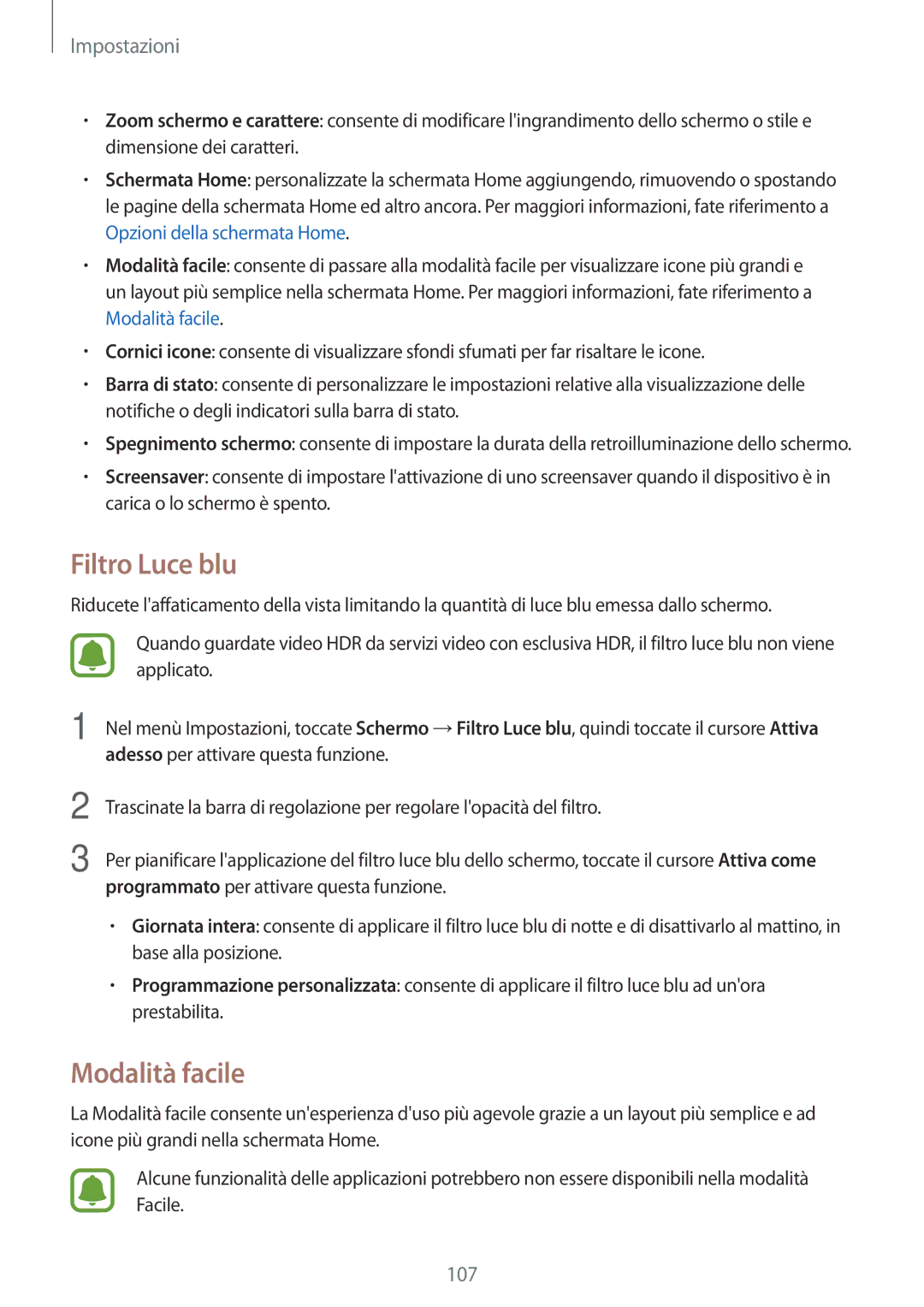 Samsung SM-G390FZKAITV manual Filtro Luce blu, Modalità facile 