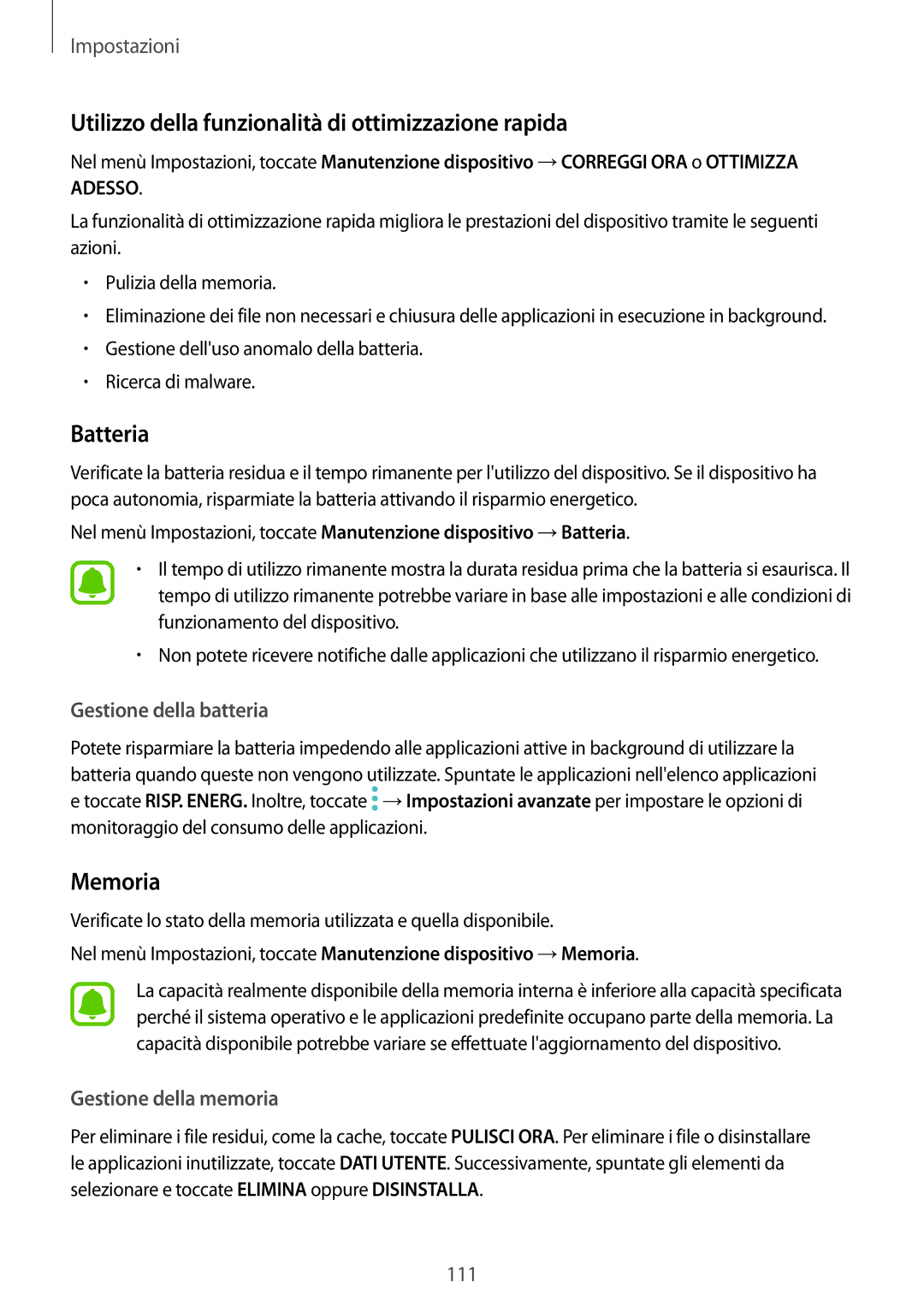 Samsung SM-G390FZKAITV manual Utilizzo della funzionalità di ottimizzazione rapida, Batteria, Memoria 