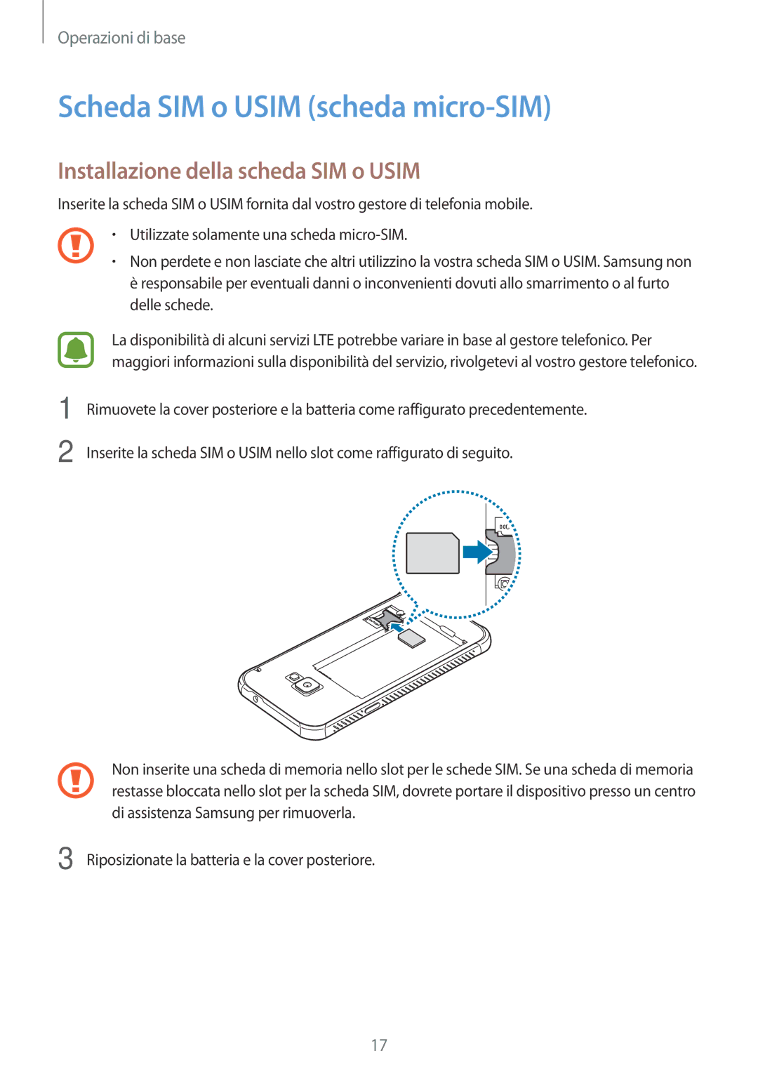 Samsung SM-G390FZKAITV manual Scheda SIM o Usim scheda micro-SIM, Installazione della scheda SIM o Usim 