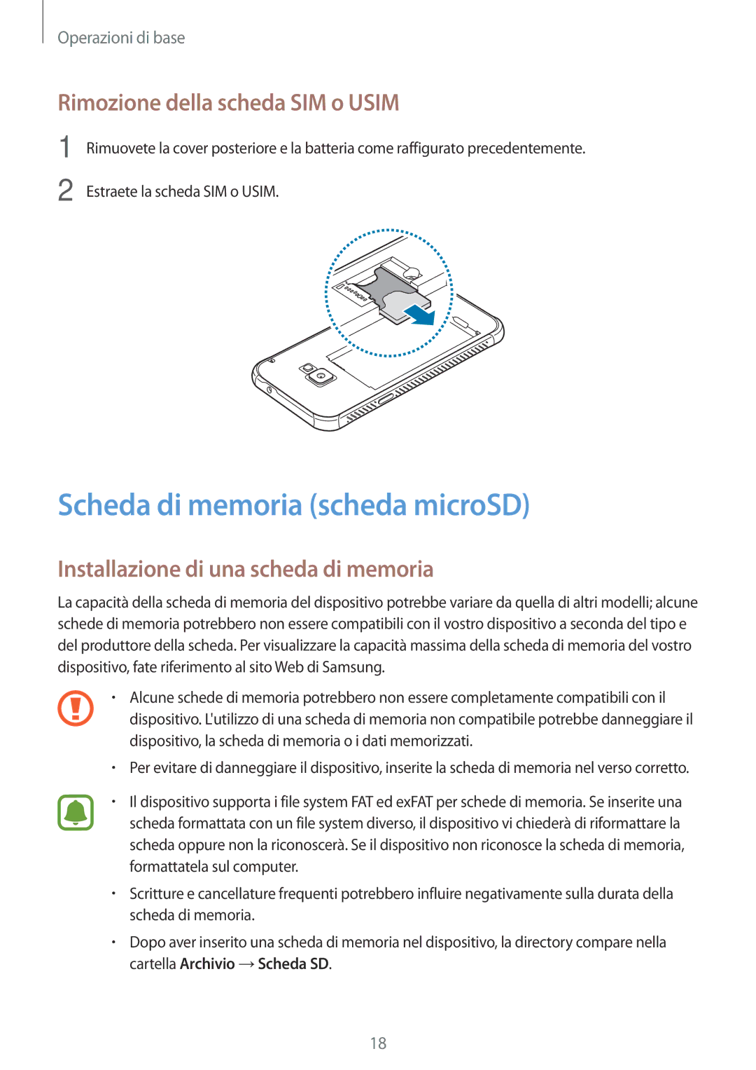 Samsung SM-G390FZKAITV manual Scheda di memoria scheda microSD, Rimozione della scheda SIM o Usim 