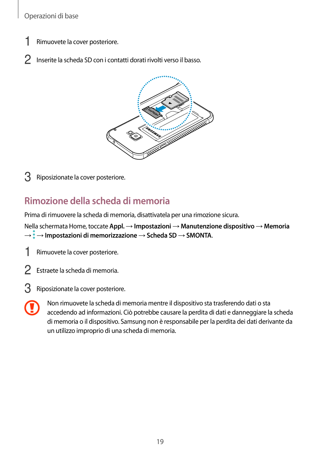 Samsung SM-G390FZKAITV manual Rimozione della scheda di memoria 