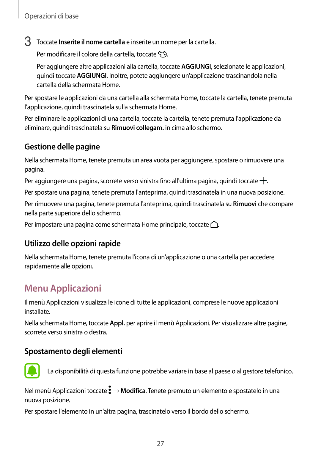 Samsung SM-G390FZKAITV manual Menu Applicazioni, Gestione delle pagine, Utilizzo delle opzioni rapide 