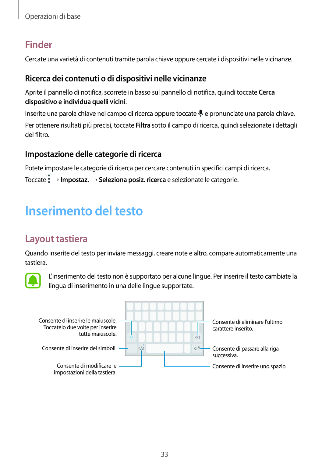 Samsung SM-G390FZKAITV manual Inserimento del testo, Finder, Layout tastiera, Impostazione delle categorie di ricerca 