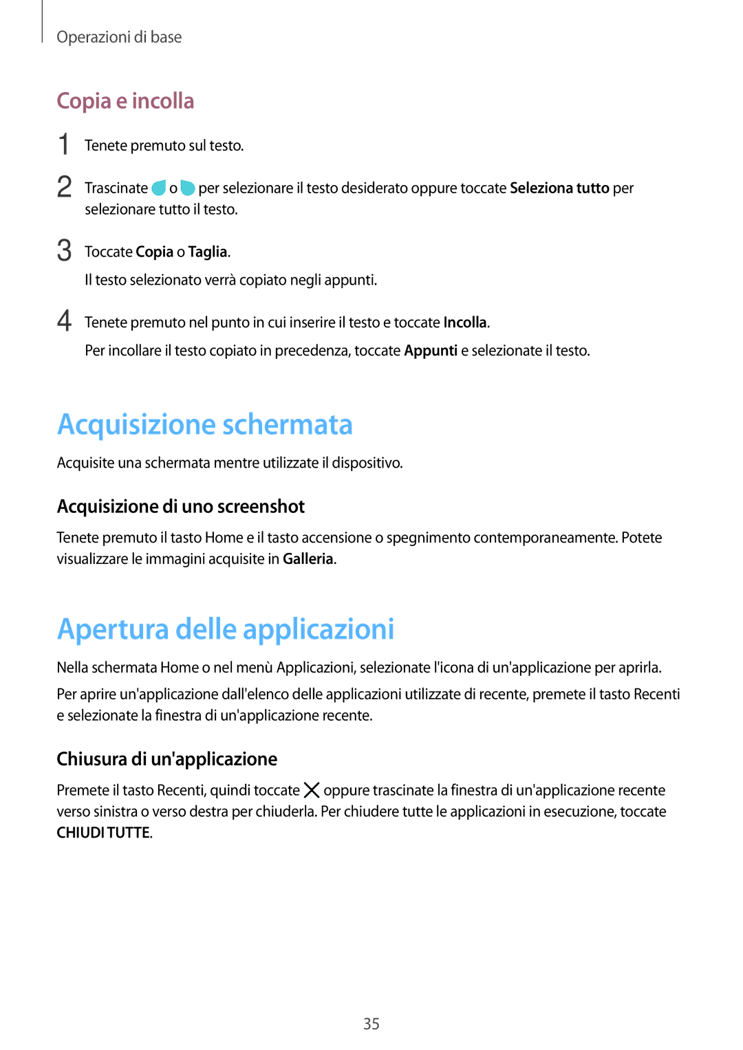 Samsung SM-G390FZKAITV Acquisizione schermata, Apertura delle applicazioni, Copia e incolla, Chiusura di unapplicazione 