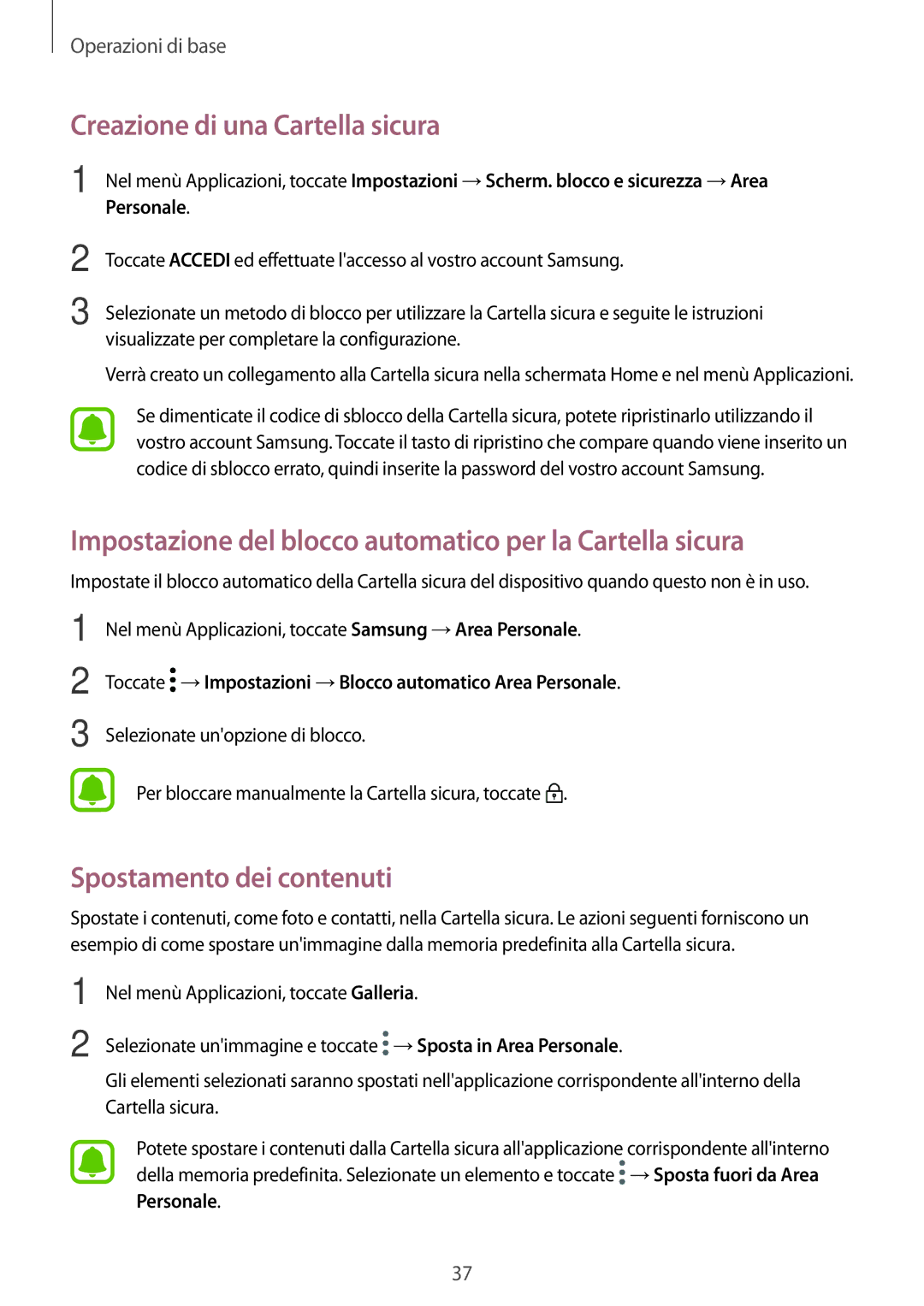 Samsung SM-G390FZKAITV manual Creazione di una Cartella sicura, Impostazione del blocco automatico per la Cartella sicura 