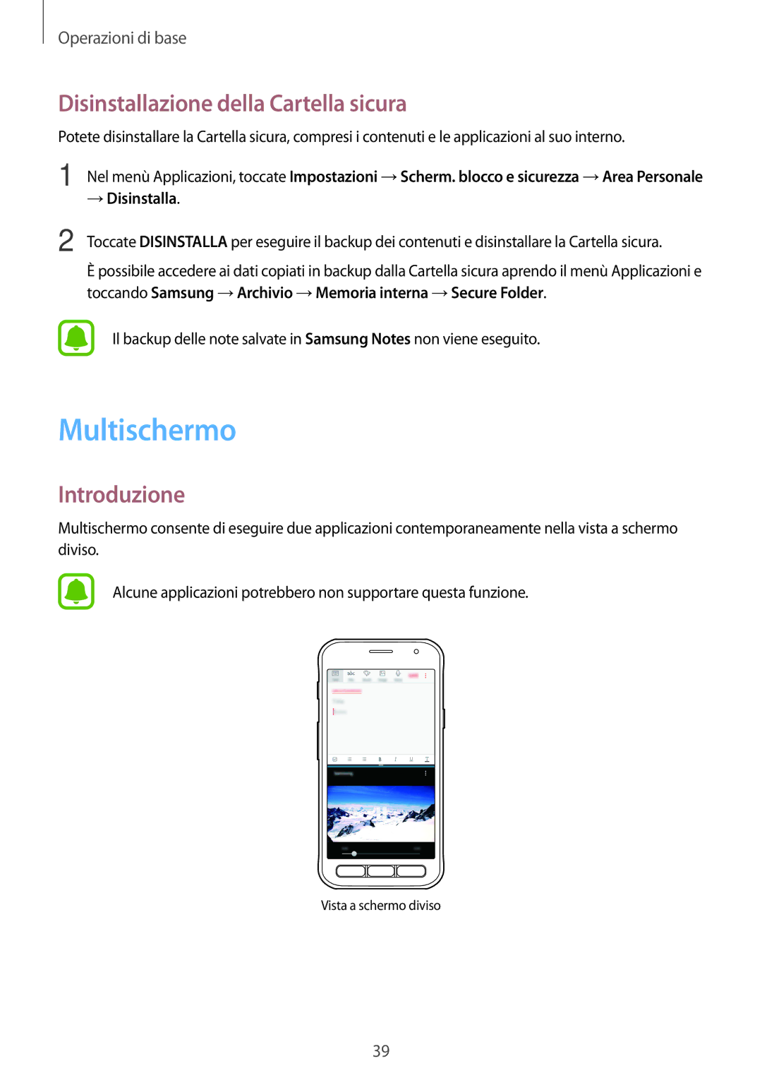 Samsung SM-G390FZKAITV manual Multischermo, Disinstallazione della Cartella sicura, → Disinstalla 