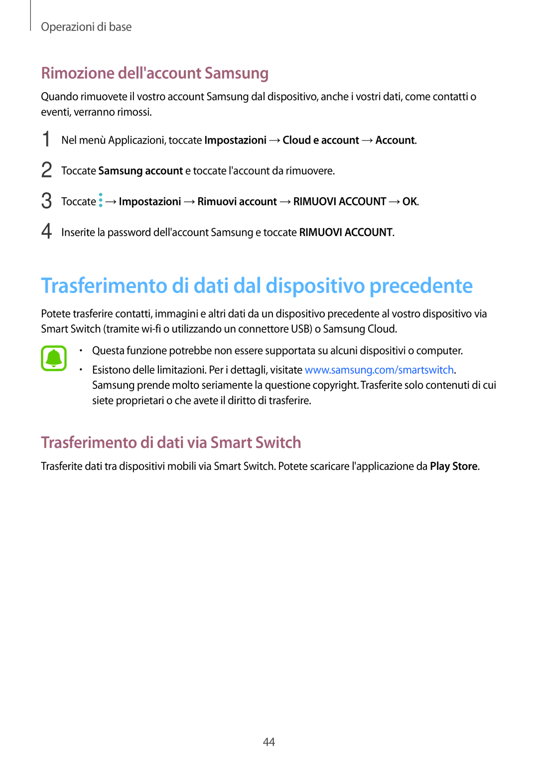 Samsung SM-G390FZKAITV manual Rimozione dellaccount Samsung, Trasferimento di dati via Smart Switch 