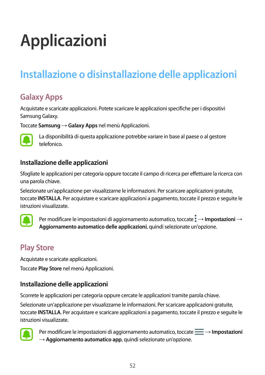 Samsung SM-G390FZKAITV manual Galaxy Apps, Play Store, Installazione delle applicazioni 