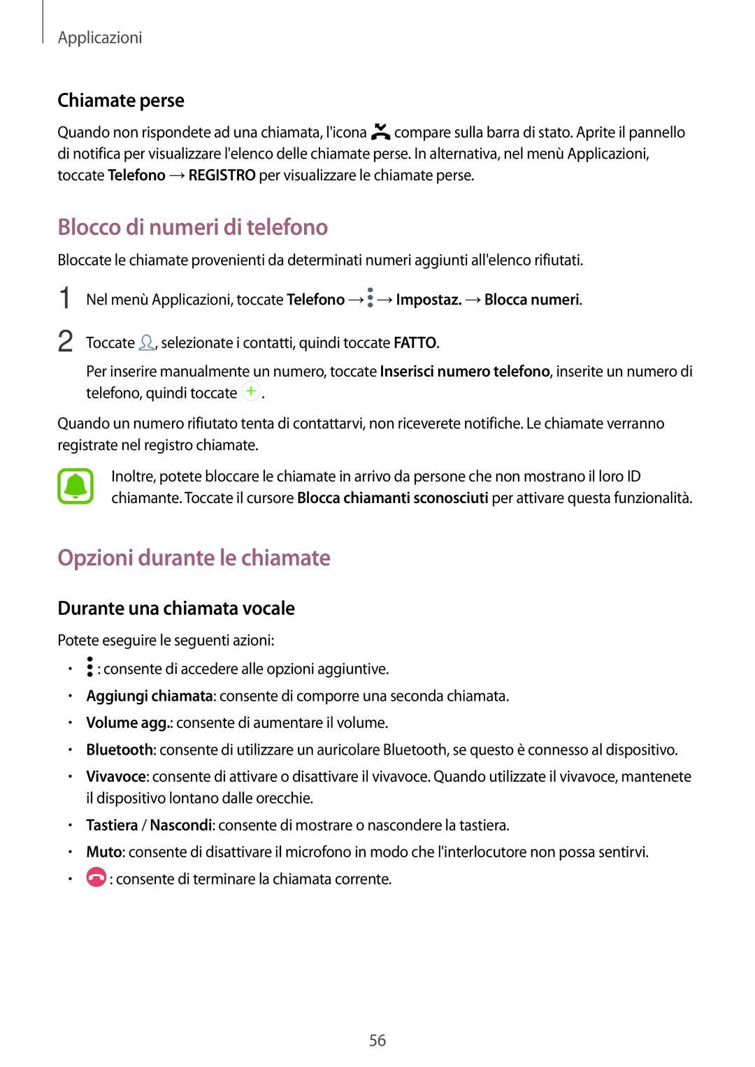 Samsung SM-G390FZKAITV manual Blocco di numeri di telefono, Opzioni durante le chiamate, Chiamate perse 