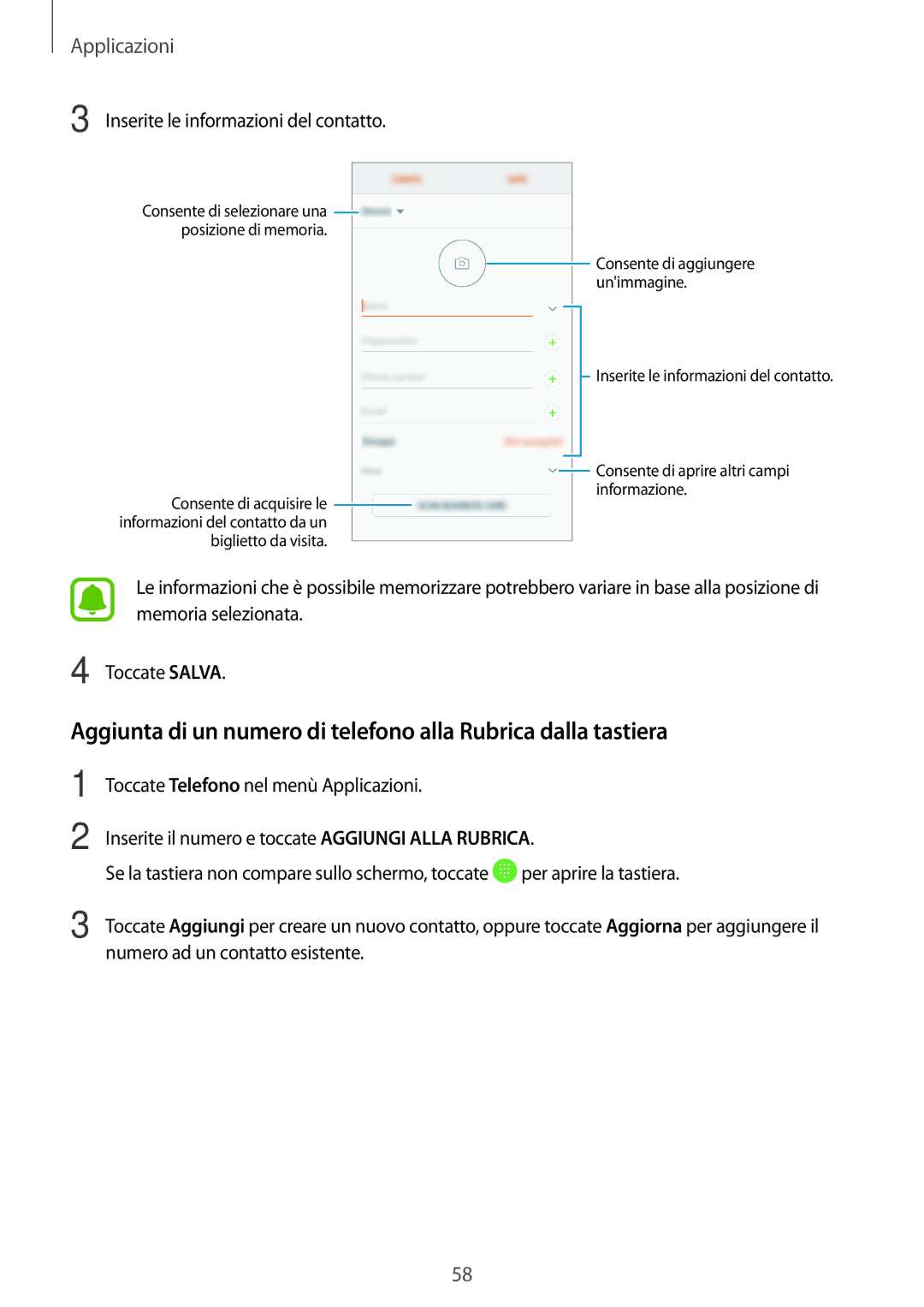 Samsung SM-G390FZKAITV manual Inserite le informazioni del contatto 