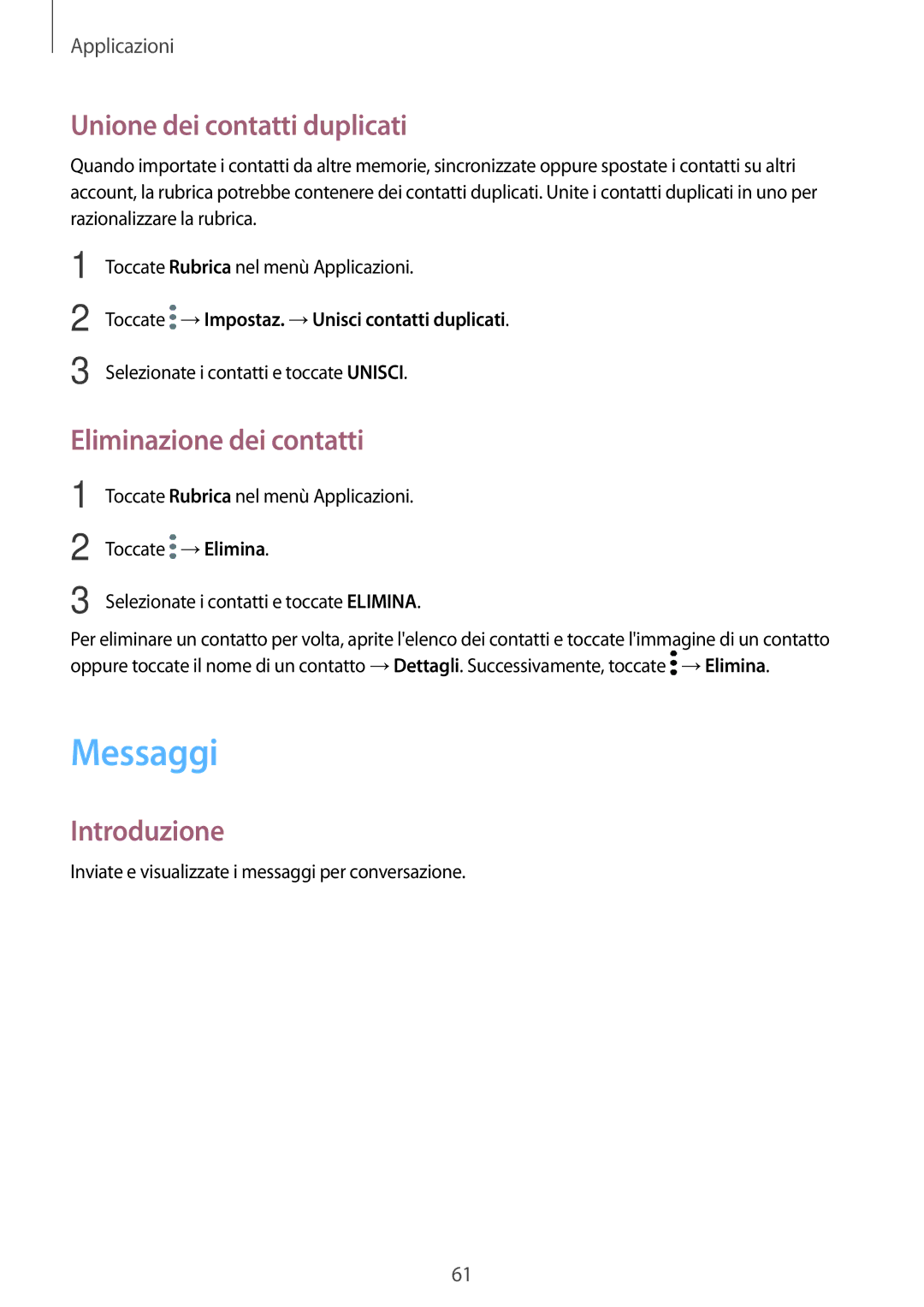 Samsung SM-G390FZKAITV manual Messaggi, Unione dei contatti duplicati, Eliminazione dei contatti 